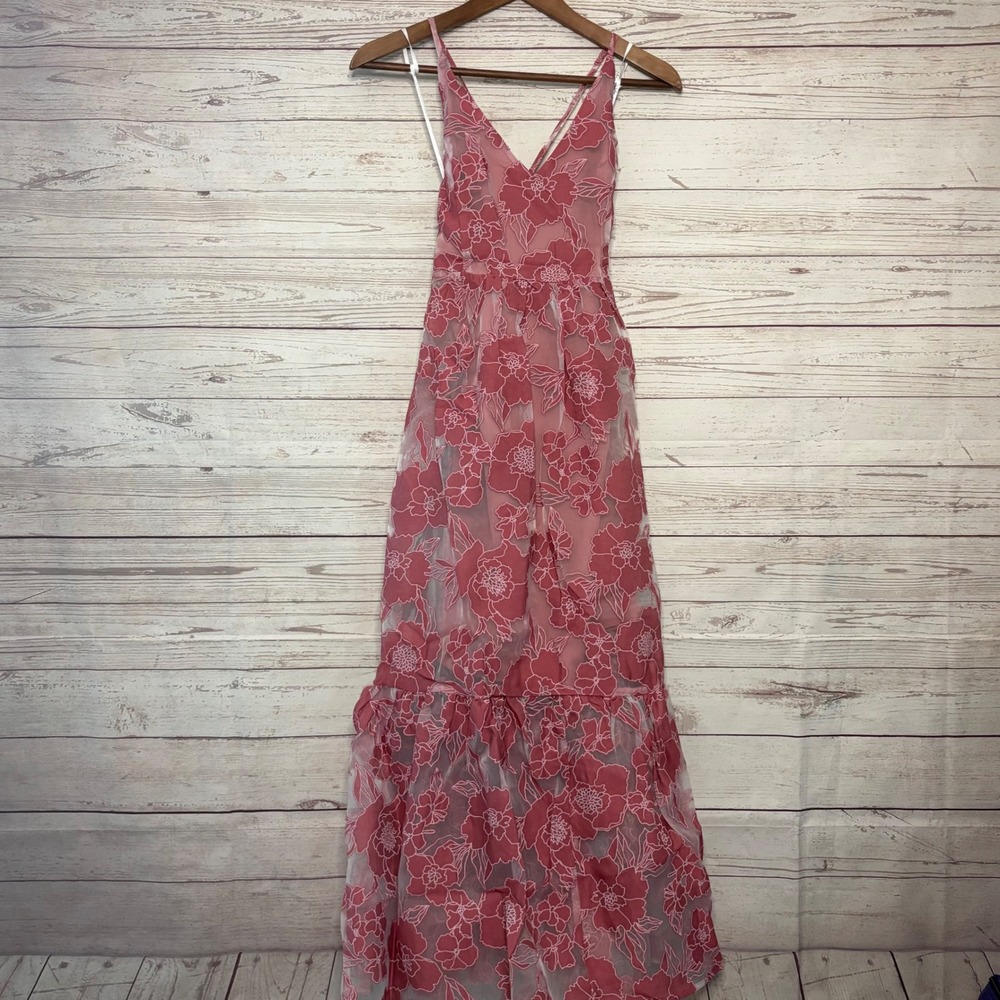 Lulus Feeling Like Forever Rose Jacquard Organza Lace-Up Midi Dress Large NWT
